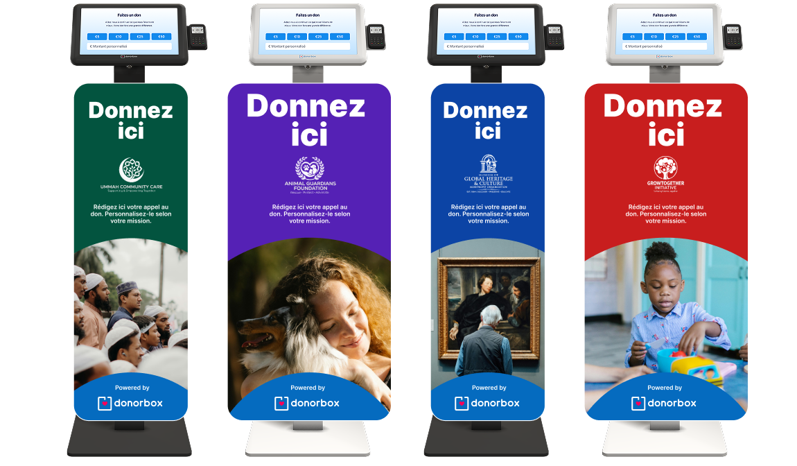 Donorbox Live kiosks with custom branded floor stand signage