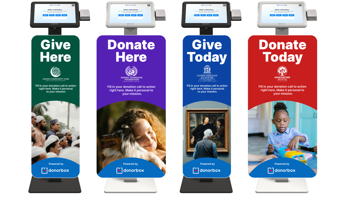 Donorbox Live kiosks with custom branded floor stand signage